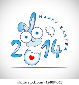 vector illustration of 2014 Happy Easter greeting with funny little bunny out of egg with heart painting
