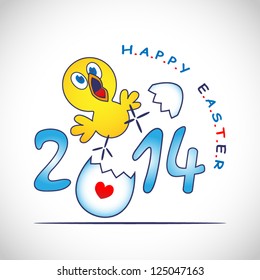 vector illustration of 2014 Happy Easter greeting with funny little chicken out of egg with heart painting