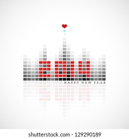 vector illustration of 2014 Happy New Year greeting looks like digital equalizer display with hearts on its top