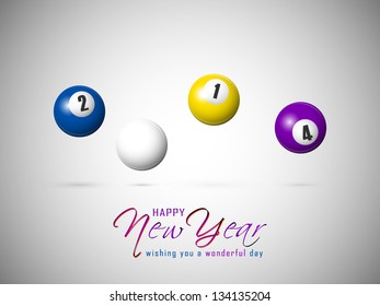vector illustration of 2014 Happy New Year greeting in billiard design with close up of billiard pool balls