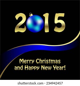 Vector illustration of 2015 year. Black background. Blue ribbon.