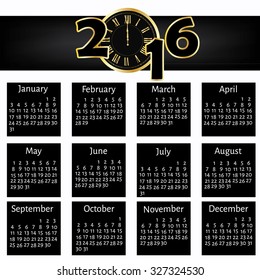 Vector illustration 2016 calendar with clock golden clock. Calendar for 2016. Week Starts Monday. Vector Template
