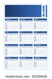 Vector illustration of a 2016 calendar with empty space for your logo. All elements are sorted and grouped in layers for easy edition. Week starts with Sunday.