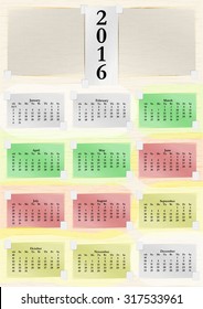 Vector illustration 2016 calendar months on sheets of paper taped to the paper tape background. Calendar can be applied to any image or used separately. Week starts on Sunday.