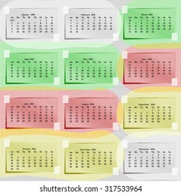 Vector illustration 2016 calendar months on sheets of paper taped to the paper tape background. Calendar can be applied to any image or used separately. Week starts on Monday.