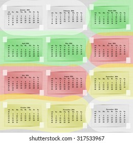 Vector illustration 2016 calendar months on sheets of paper taped to the paper tape background. Calendar can be applied to any image or used separately. Week starts on Sunday.