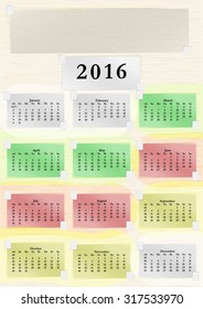 Vector illustration 2016 calendar months on sheets of paper taped to the paper tape background. Calendar can be applied to any image or used separately. Week starts on Sunday.