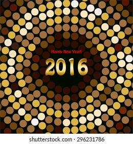 Vector illustration of 2016. Happy New Year! Gold disco ball on a black background