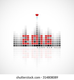 vector illustration of 2016 Happy New Year greeting looks like digital equalizer display with hearts on its top