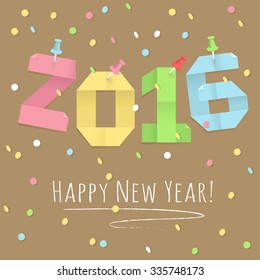 Vector illustration of "2016" made of paper for notes on a wall in office