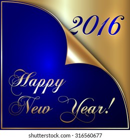 Vector illustration of 2016 new year gold and dark blue greeting card with curled corner