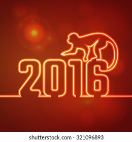 Vector Illustration of 2016 new year Outline neon light BAckground for Design, Website, Banner. Holiday party Element Template. Chinese horoscope Monkey silhouette