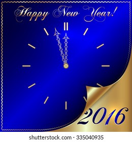 Vector illustration of 2016 new year gold and blue greeting card in form of the clock with  with curled corner