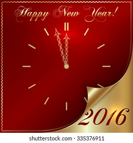 Vector illustration of 2016 new year gold and red greeting card in form of the clock with curled corner