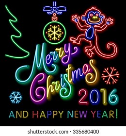 Vector Illustration of 2016 new year Outline neon light BAckground for Design, Website, Banner. Holiday party Element Template. Christmas tree toy Monkey. merry christmas and happy new year art