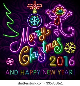 Vector Illustration of 2016 new year Outline neon light BAckground for Design, Website, Banner. Holiday party Element Template. Christmas tree toy Monkey. merry christmas and happy new year art