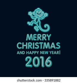 Vector Illustration of 2016 new year Outline neon light BAckground for Design, Website, Banner. Holiday party Element Template. Christmas tree toy Monkey. merry christmas and happy new year art