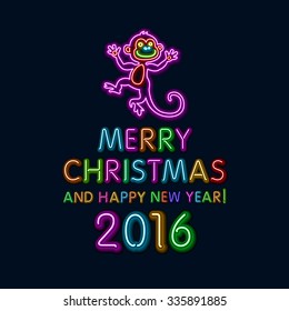 Vector Illustration of 2016 new year Outline neon light BAckground for Design, Website, Banner. Holiday party Element Template. Christmas tree toy Monkey. merry christmas and happy new year art