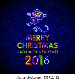 Vector Illustration of 2016 new year Outline neon light Background for Design, Website, Banner. Holiday party Element Template. Christmas tree toy Monkey. merry Christmas and happy new year art