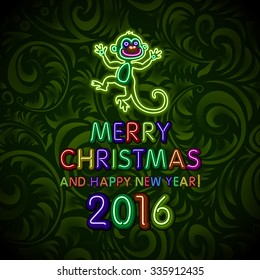 Vector Illustration of 2016 new year Outline neon light Background for Design, Website, Banner. Holiday party Element Template. Christmas tree toy Monkey. merry Christmas and happy new year art