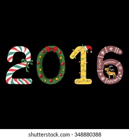 Vector illustration 2016 New Year made in form of candy holly wreath garland and christmas gingerbread with smiling deer
