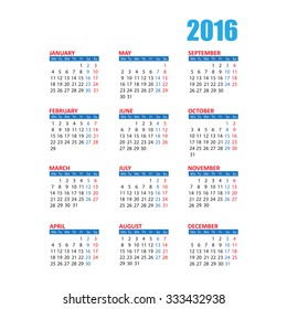 vector illustration of 2016 year simply calendar