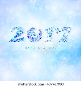 Vector Illustration  of a 2017 Happy New Year   Winter Background , bokeh  with Snowflakes . Colorful dots design. 
