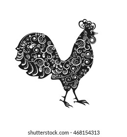 Vector illustration. 2017 new symbol, the rooster, decorated with a delicate tendril pattern.