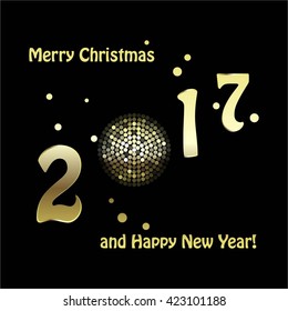Vector illustration of 2017 year. Gold glowing ball on a black background.