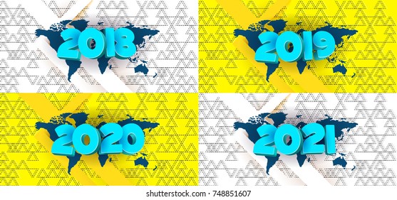 Vector illustration of 2018, 2019, 2020, 2021. The effect of 3D inscriptions on the background of the world map.