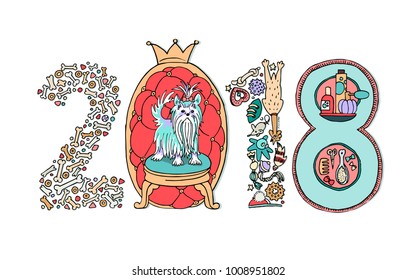 Vector illustration of 2018 Chinese New Year, made up of pits, dry food, toys, products for dogs. Year of the dog. Digit 0 as throne for your favorite dog. Yorkshire terrier. For posters, postcards. 