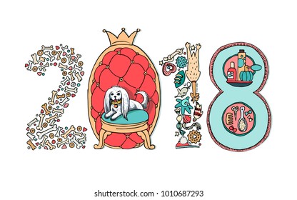 Vector illustration of 2018 Chinese New Year, made up of pits, dry food, toys and hair care products for dogs. Year of the dog. Digit 0 as throne for favorite dog. Template for posters, postcards.