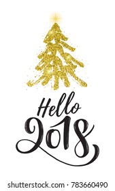 Vector illustration, 2018 hand written lettering. Happy New Year card design element with golden glitter Christmas Eve