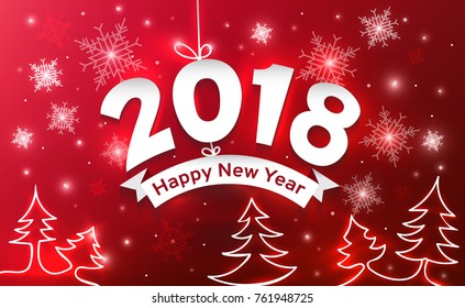 Vector illustration. 2018 Happy New Year with neon white Christmas trees and snowflakes on a red background.