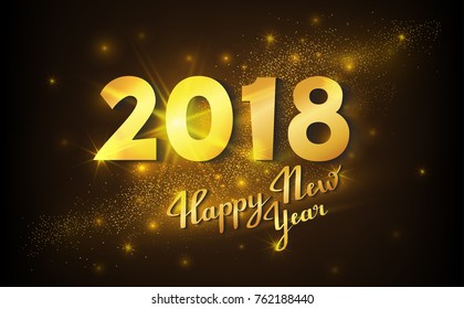 Vector illustration. 2018 Happy New Year. Shiny lettering composition with golden stars and sparkles on black background. Golden Version