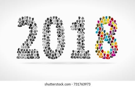 Vector illustration with 2018 made out of black and white people avatars 