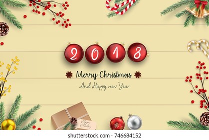 Vector illustration of 2018 merry christmas and happy new year with christmas balls on wood background
