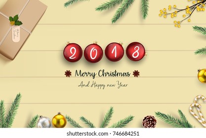 Vector illustration of 2018 merry christmas and happy new year with christmas balls on wood background