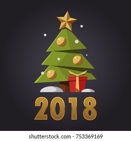 Vector illustration 2018 Merry Christmas and happy new year Poster Template with Snowflakes and Gold Christmas balls on black background.