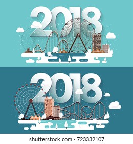 Vector illustration. 2018 winter urban landscape. City with snow. Christmas and new year. Cityscape. Buildings.Ferris wheel,park.