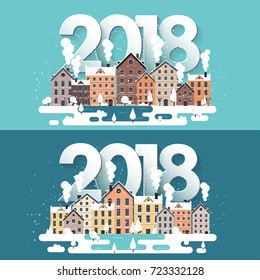 Vector illustration. 2018 winter urban landscape. City with snow. Christmas and new year. Cityscape. Buildings.