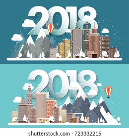Vector illustration. 2018 winter urban landscape. City with snow. Christmas and new year. Cityscape. Buildings.Mountaines, nature.