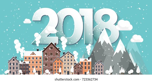 Vector illustration. 2018 winter urban landscape. City with snow. Christmas and new year. Cityscape. Buildings.Mountaines, nature.