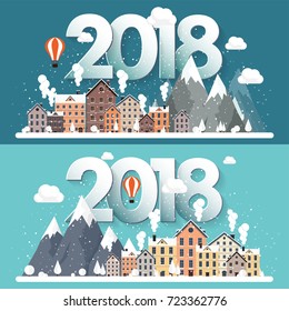 Vector illustration. 2018 winter urban landscape. City with snow. Christmas and new year. Cityscape. Buildings.Mountaines, nature.