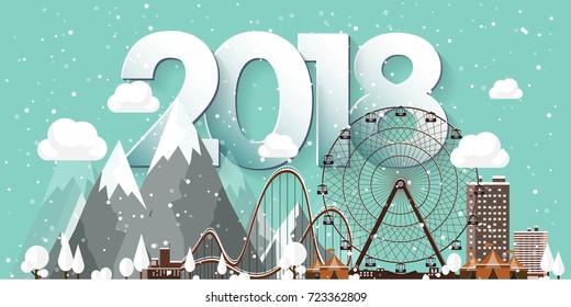 Vector illustration. 2018 winter urban landscape. City with snow. Christmas and new year. Cityscape. Buildings.Mountaines, nature. Ferris wheel, park.
