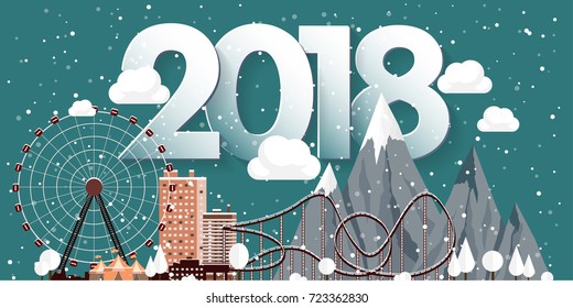 Vector illustration. 2018 winter urban landscape. City with snow. Christmas and new year. Cityscape. Buildings.Mountaines, nature. Ferris wheel, park.