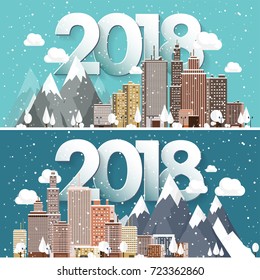 Vector illustration. 2018 winter urban landscape. City with snow. Christmas and new year. Cityscape. Buildings.Mountaines, nature.