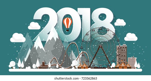 Vector illustration. 2018 winter urban landscape. City with snow. Christmas and new year. Cityscape. Buildings.Mountaines, nature. Ferris wheel, park.