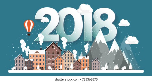 Vector illustration. 2018 winter urban landscape. City with snow. Christmas and new year. Cityscape. Buildings.Mountaines, nature.