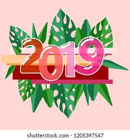 Vector illustration of a 2019 bubble font lettering with floral composition. Retro pink background.